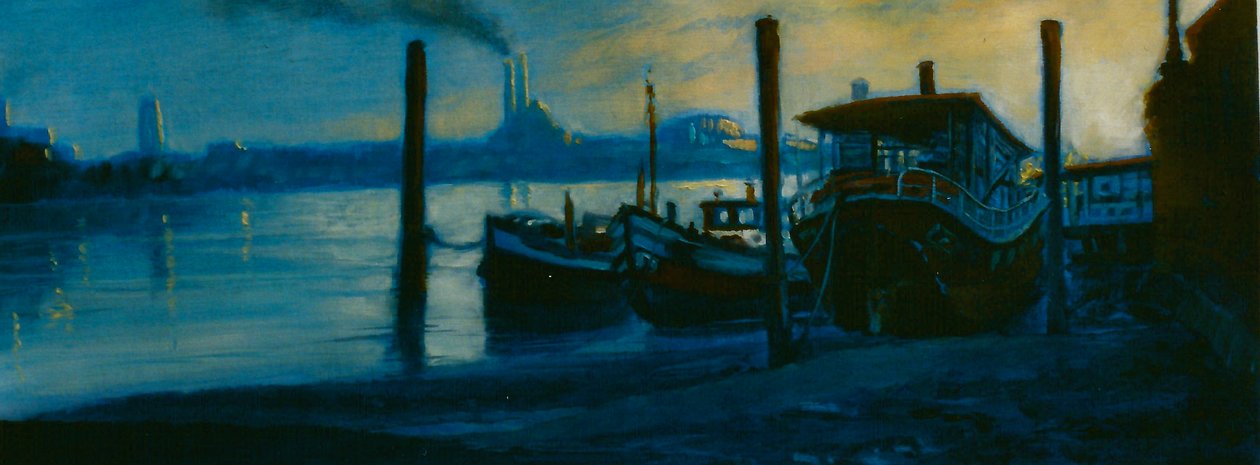Chelsea schemering 2002, Thames woonboten door Lee Campbell