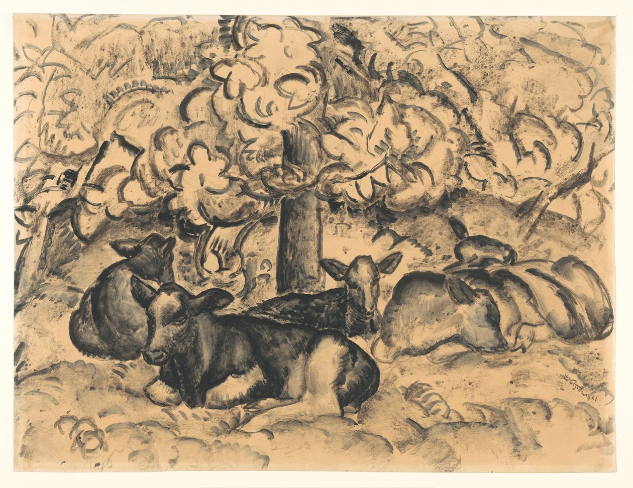 Boomgaard met kalveren door Leo Gestel (signed by artist)