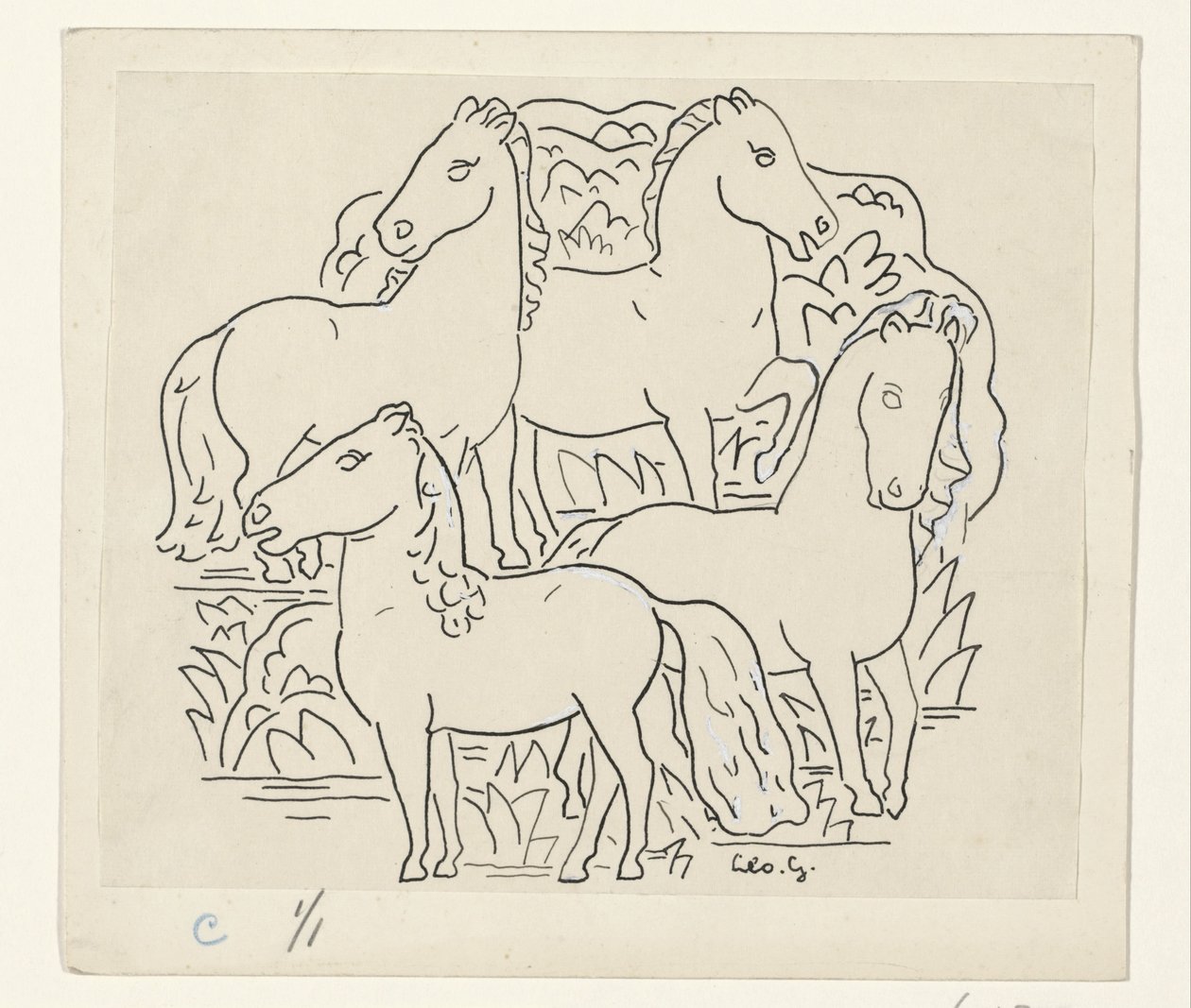 Vier paarden door Leo Gestel (signed by artist)