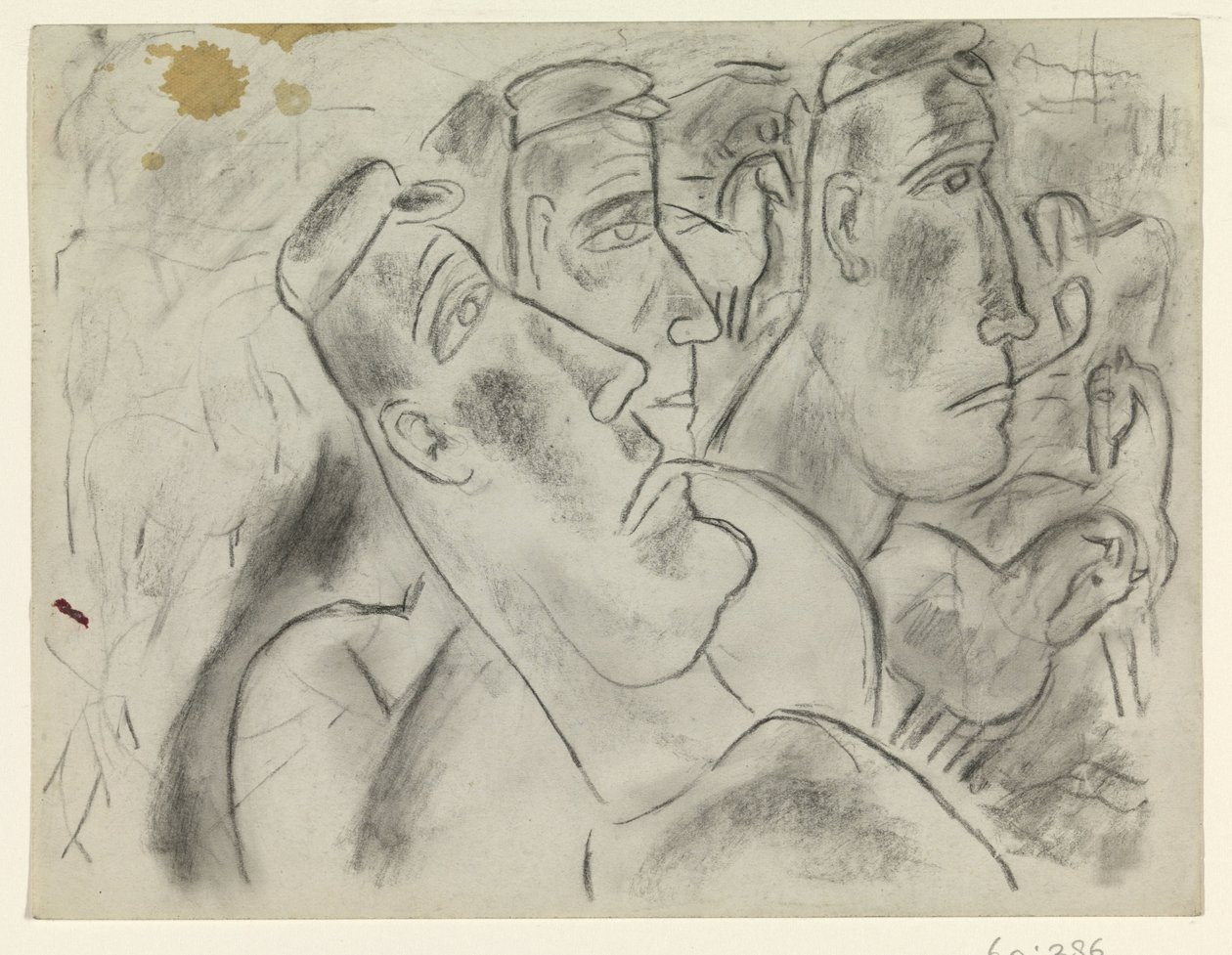 Drie boeren in een weiland met paarden door Leo Gestel