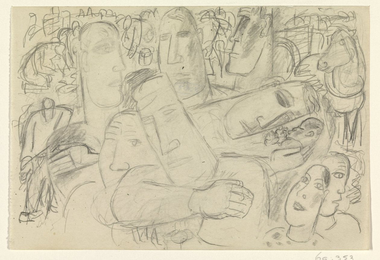 Mensen, gezichten en een paard door Leo Gestel