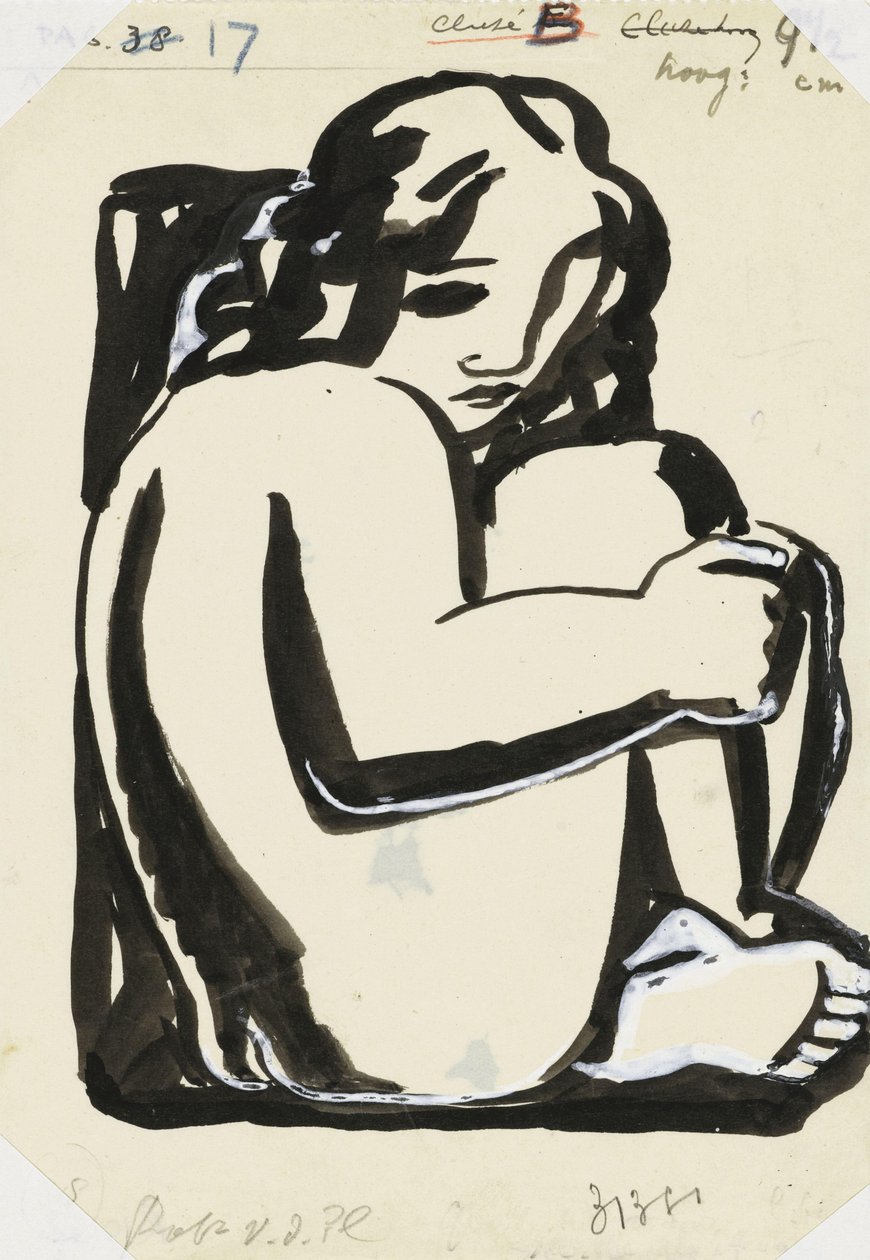 Naakte zittende vrouw met opgetrokken knieën (schets) door Leo Gestel