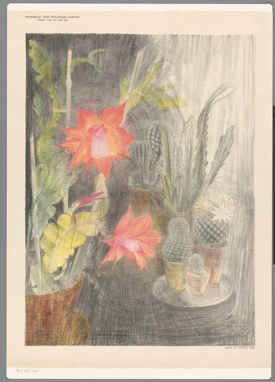 Potten met cactussen en plant in bloei door Leo Visser