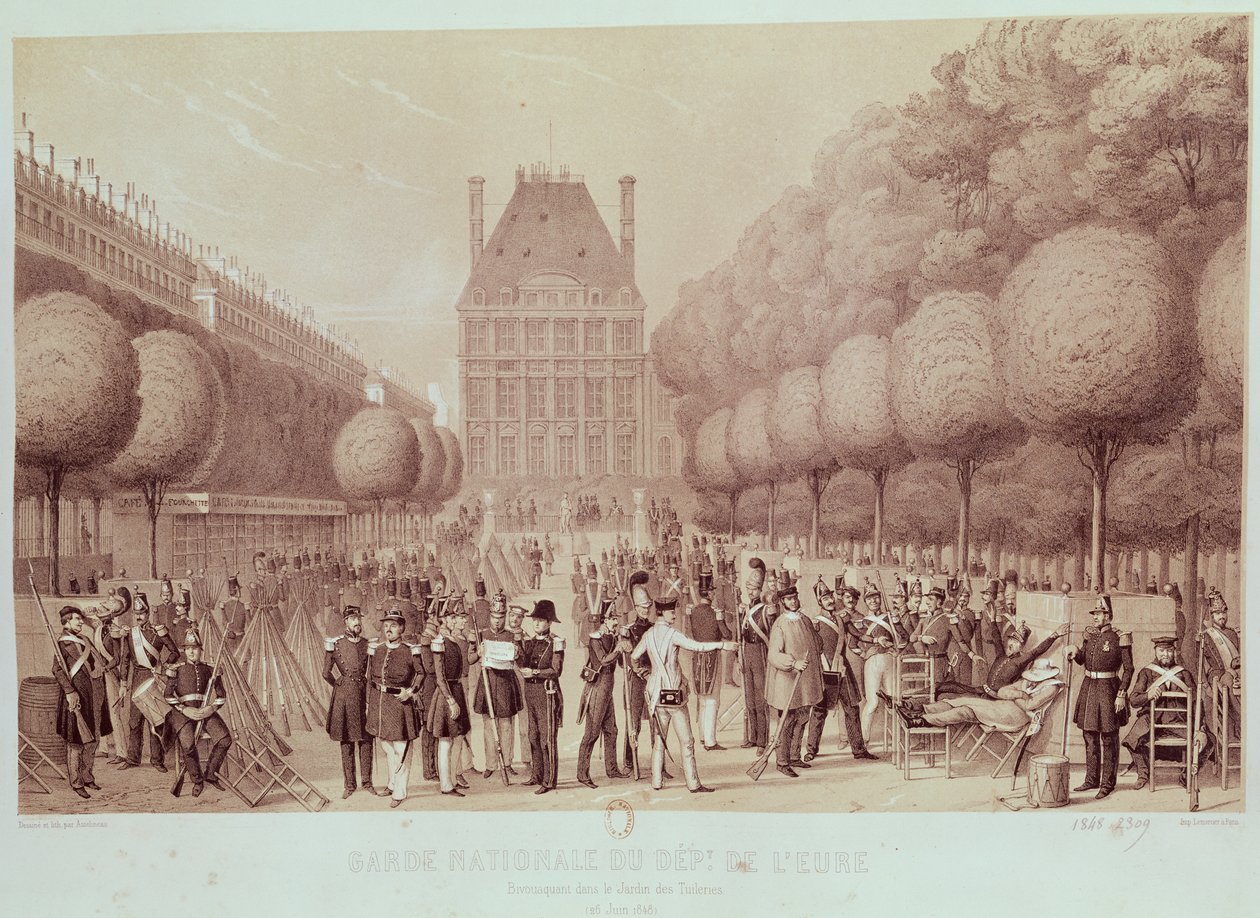 De Nationale Garde uit de Eure Gelegerd in de Tuin van de Tuilerieën, 26 juni 1848 door Leon Auguste Asselineau