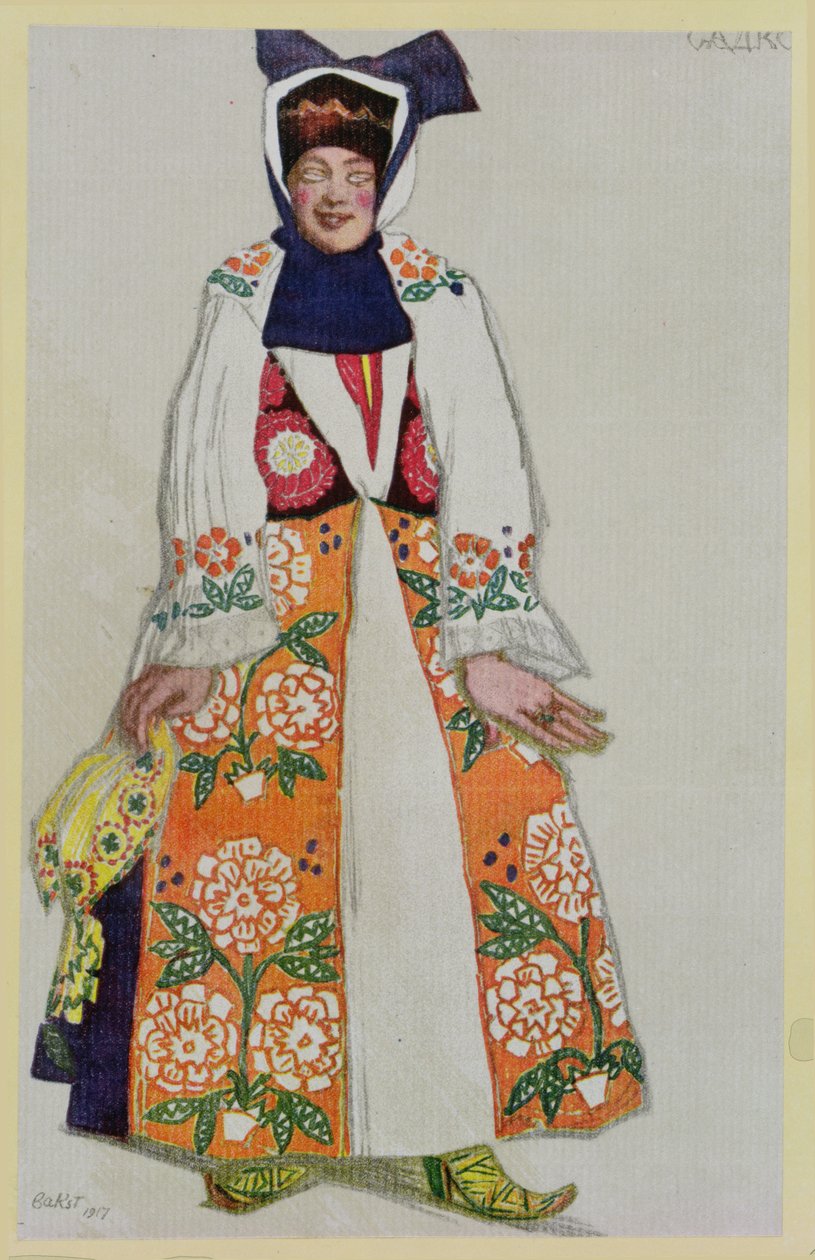 Kostuumontwerp voor een boerin, uit Sadko, 1917 door Leon Bakst