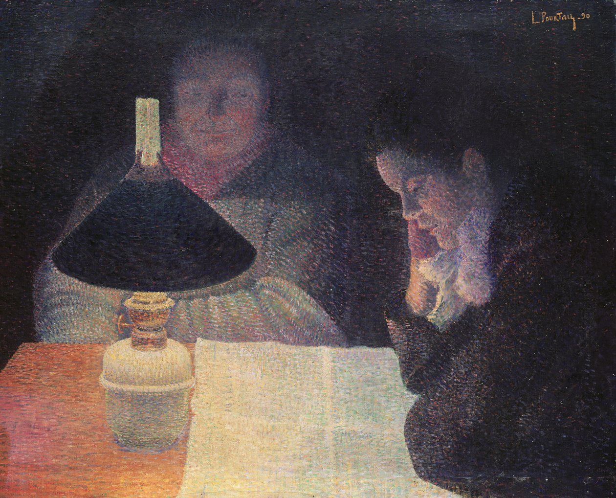 Lezen onder de lamp, 1890 door Leon Pourtau
