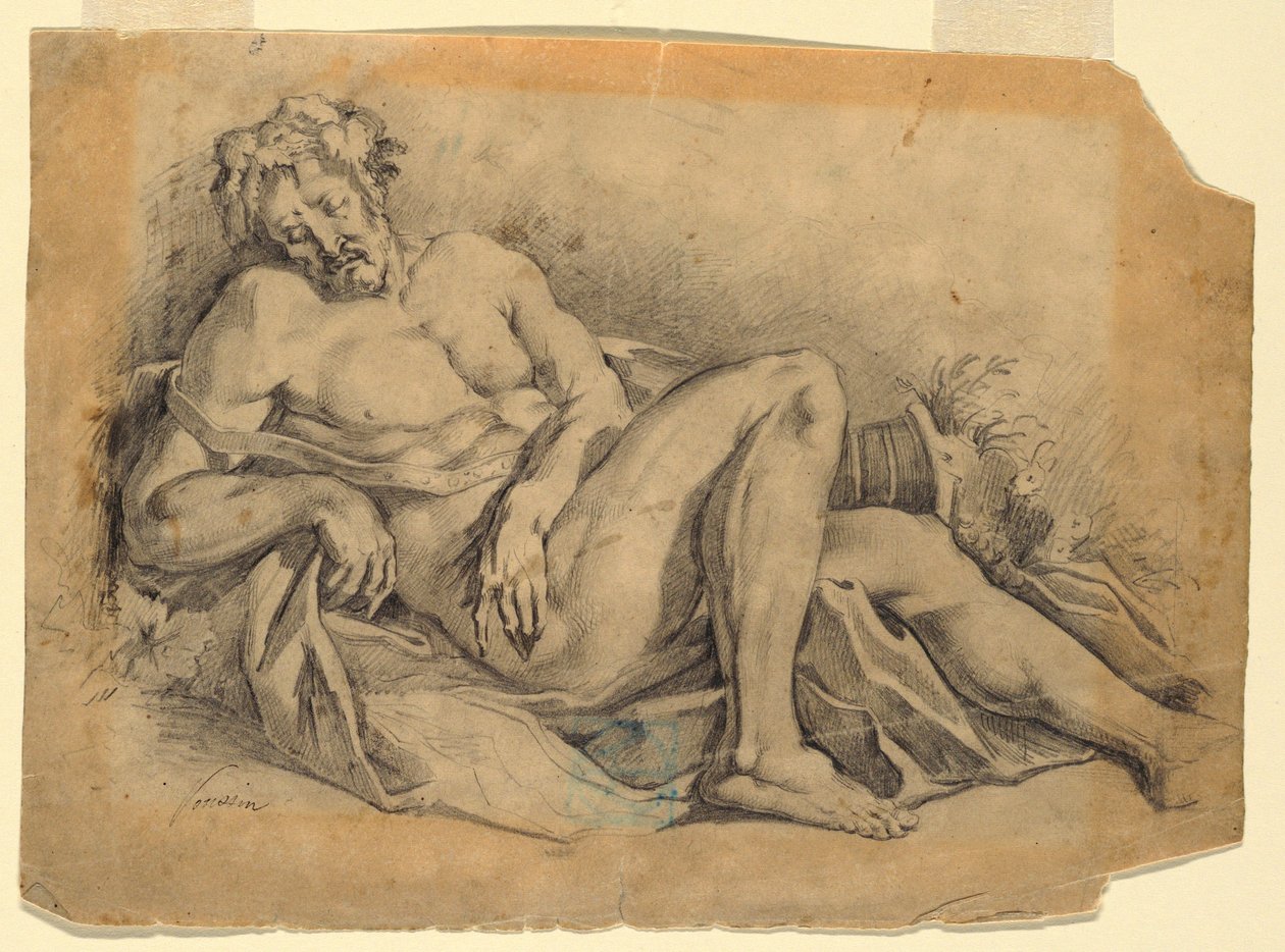 Tekening, Bacchus slaapt (naar Poussin), 1886-92 door Leon Dabo