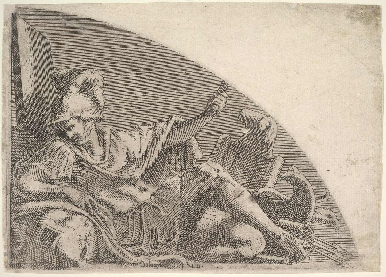 Mars gezeten te midden van trofeeën, 1540-56 door Leon Davent