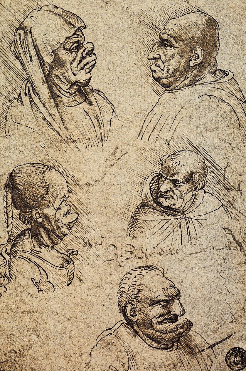 Vijf groteske hoofden door Leonardo da Vinci