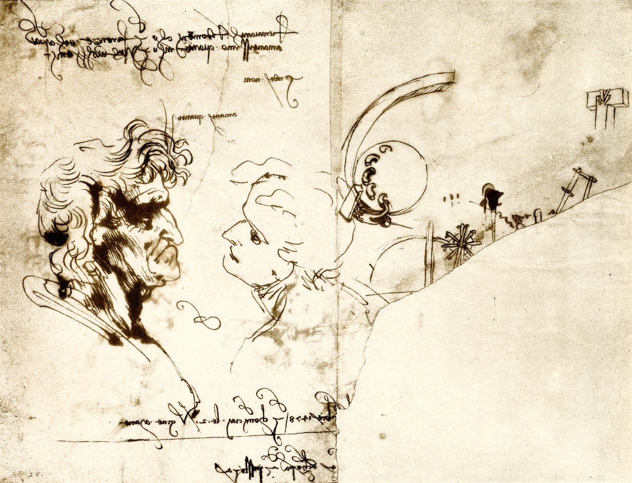 Ontwerpen van twee mannelijke hoofden door Leonardo da Vinci