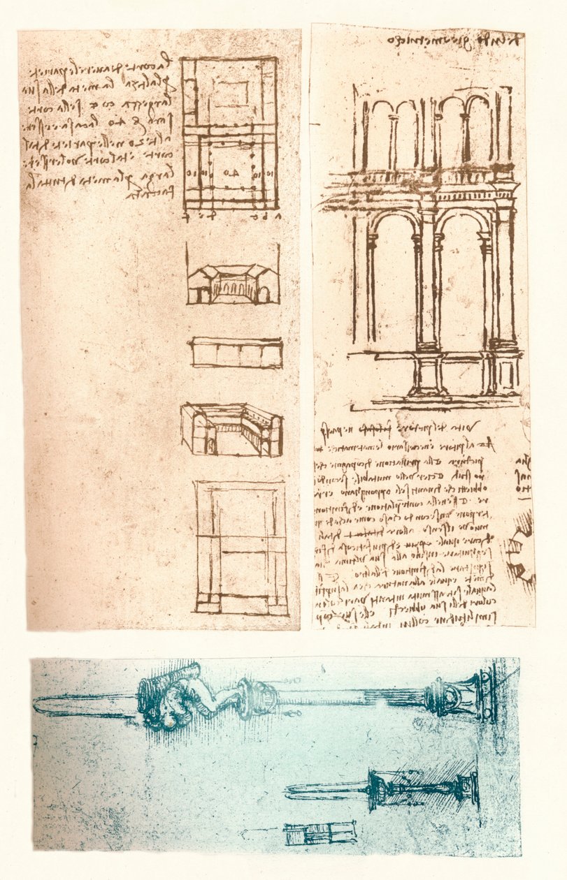 Drie architectonische tekeningen, ca. 1472-ca. 1519, 1883 door Leonardo da Vinci