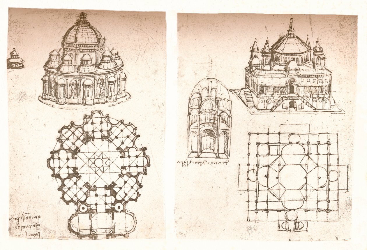 Twee tekeningen van kerken, ca. 1472-1519 door Leonardo da Vinci