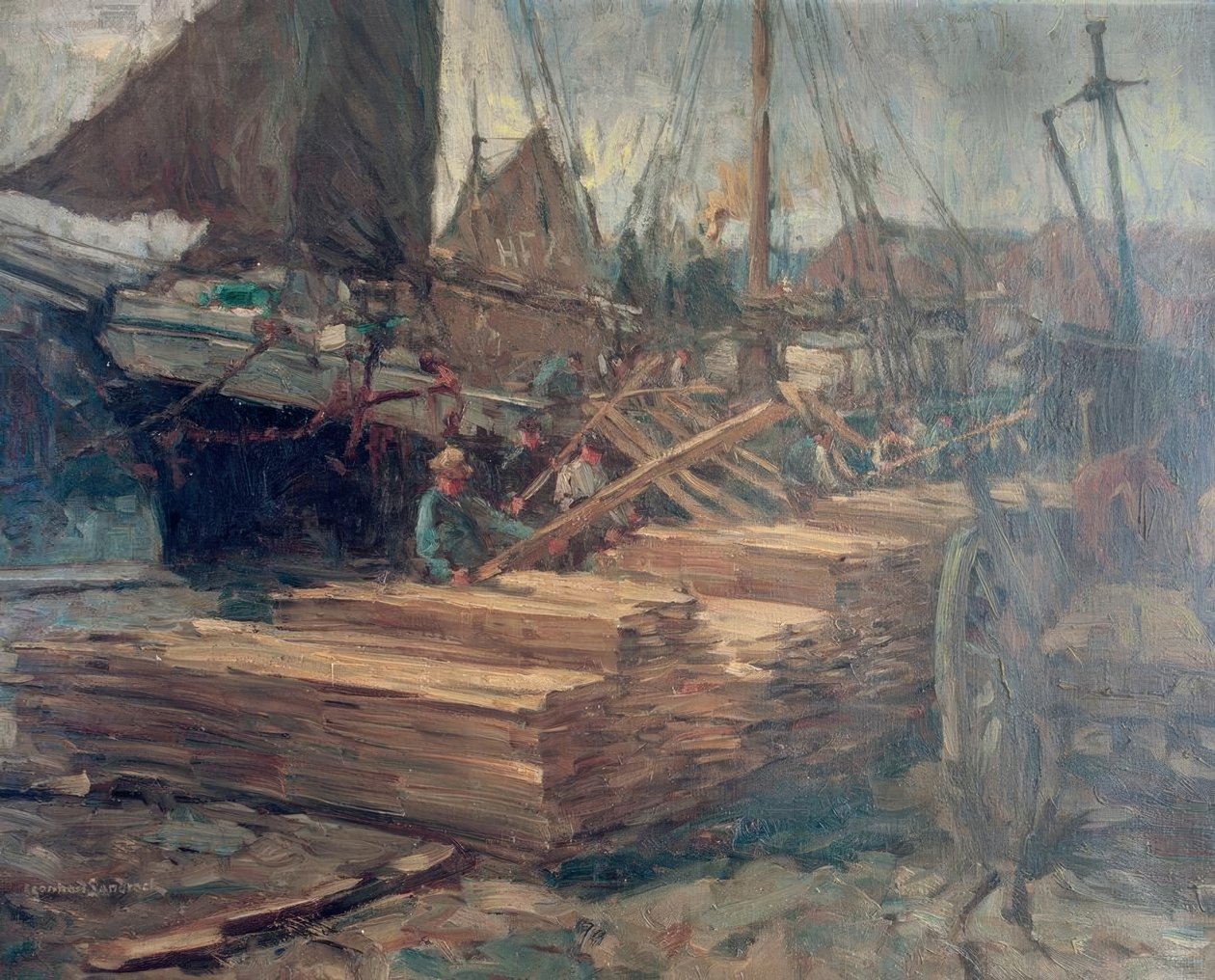 Bij het lossen van hout door Leonhard Sandrock