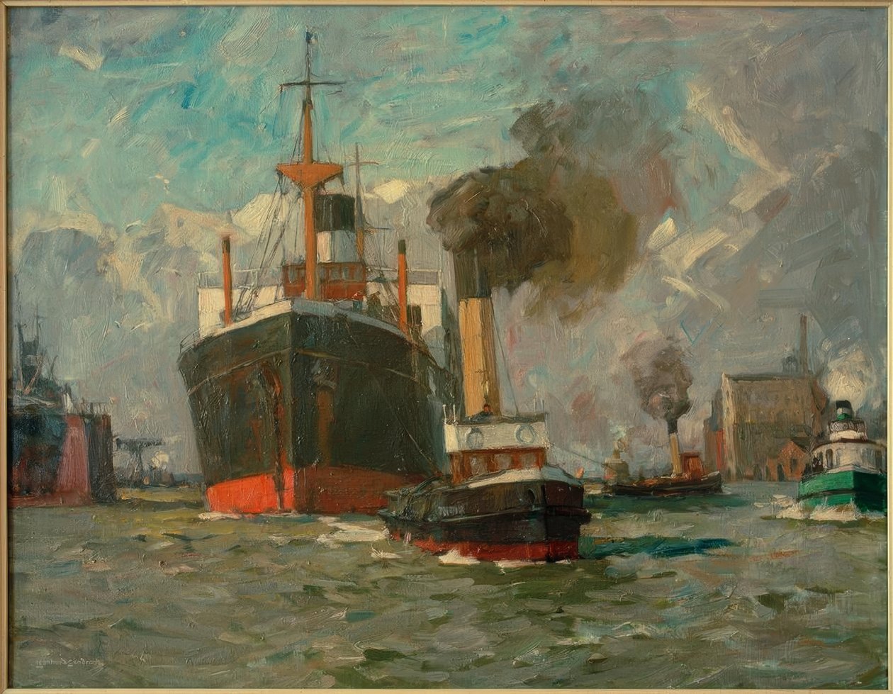Binnenkomende stoomboot (Hamburg) door Leonhard Sandrock