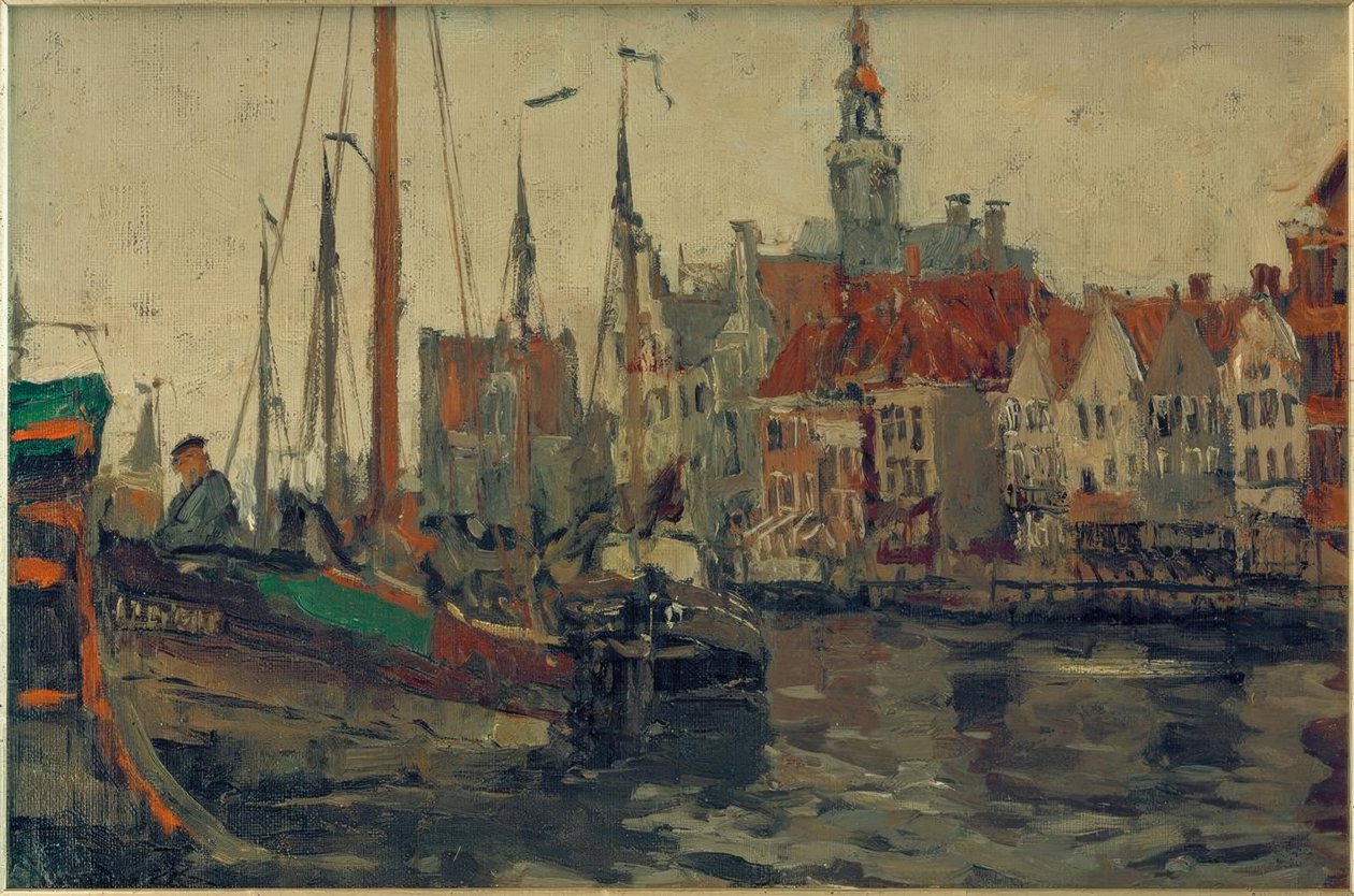 Vissersschip in de haven van Emden door Leonhard Sandrock