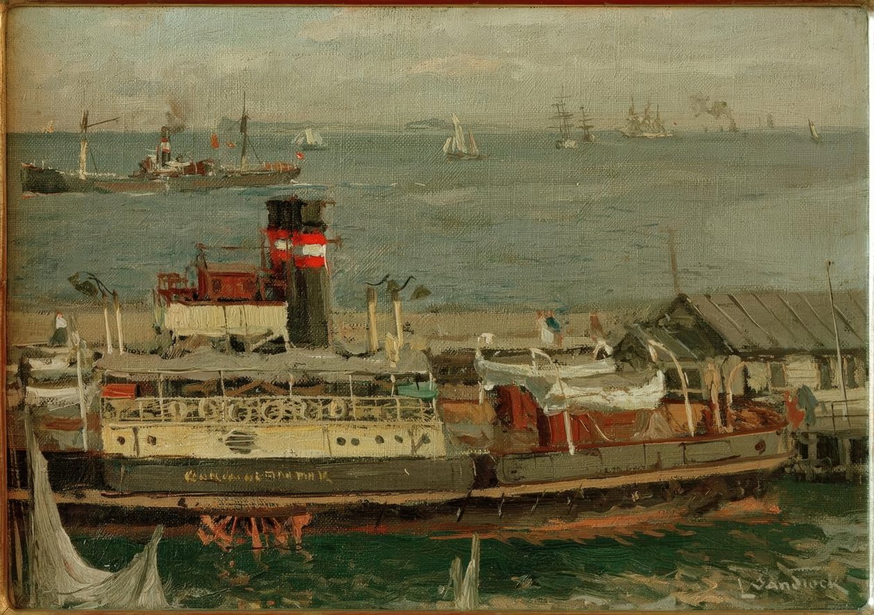 Raderstoomboot aan de pier door Leonhard Sandrock