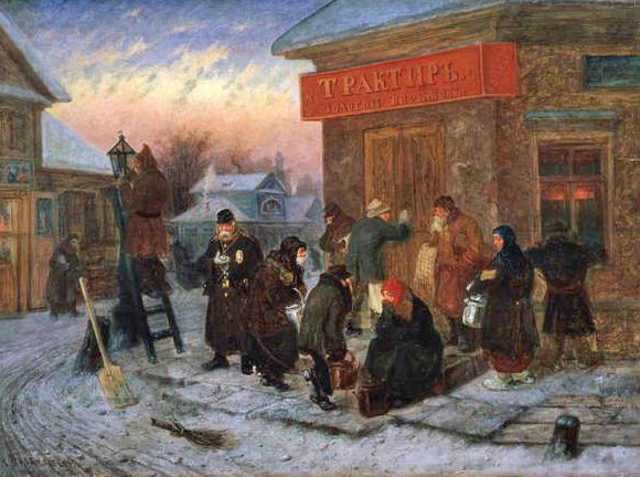 Ochtend in de Herberg, De Gouden Bank door Leonid Ivanovich Solomatkin