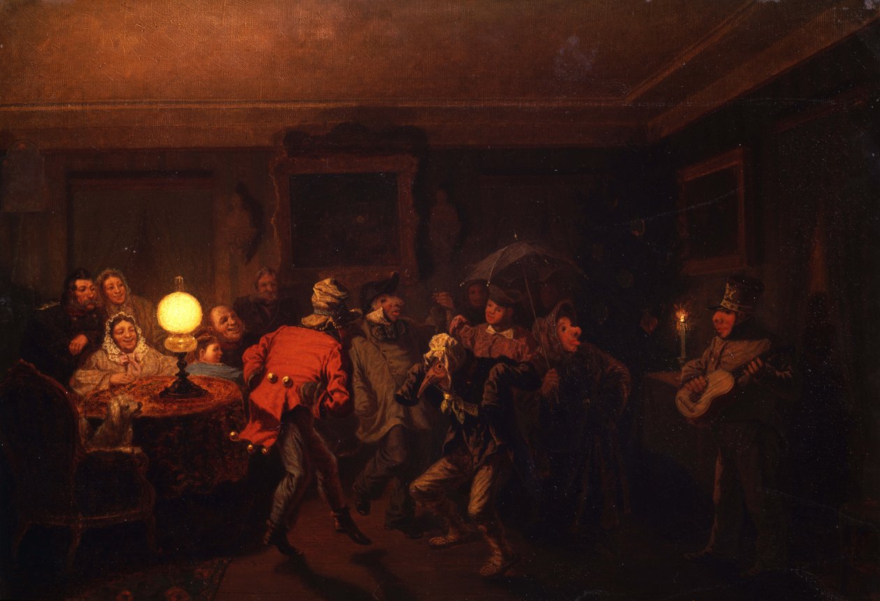 De mummers, 1873 door Leonid Ivanovich Solomatkin