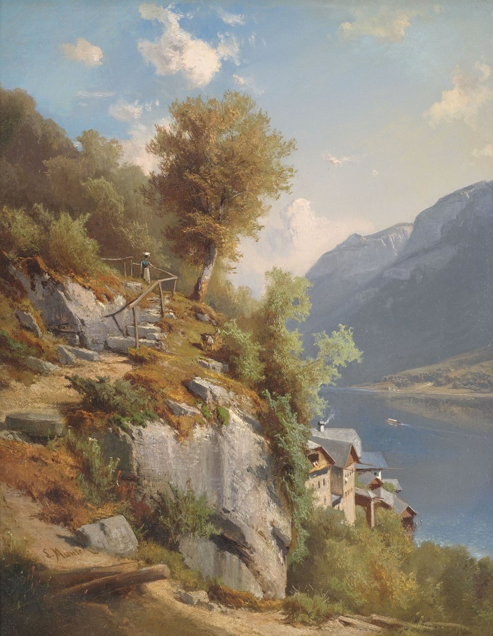 Zomers landschap met uitzicht op de Hallstätter See door Leopold Munsch