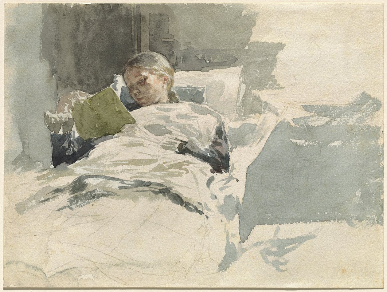 De vrouw van de kunstenaar leest in bed door Leopold von Kalckreuth