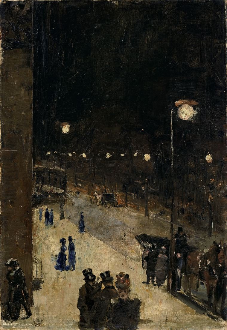 Berlijnse straat bij nacht door Lesser Ury