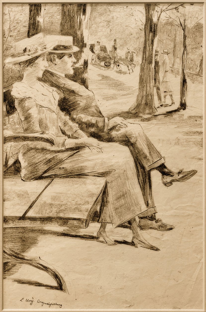 Dame en rokende heer op een bank in de dierentuin door Lesser Ury