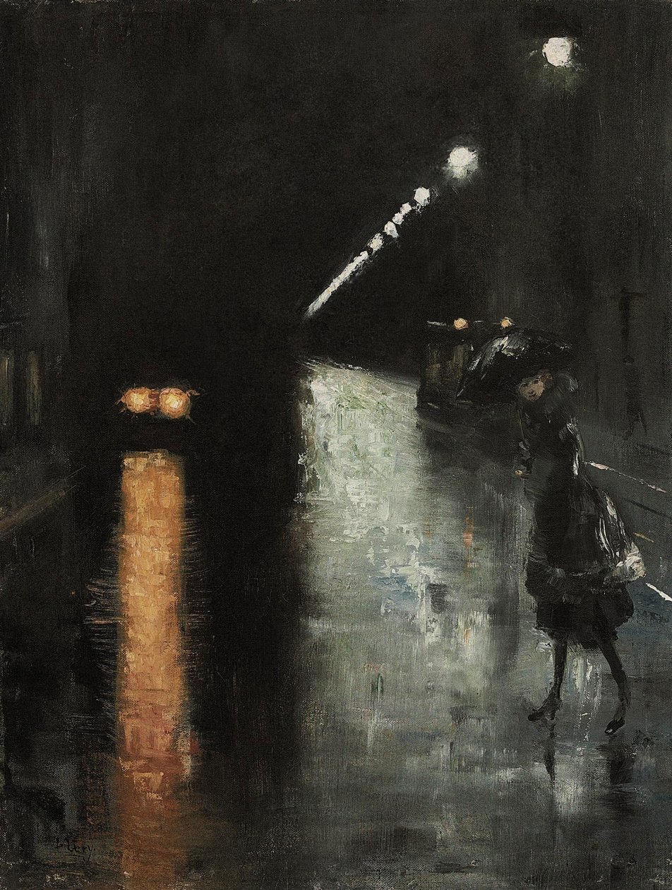 Nachtelijke straatscène, Berlijn Leipziger Straße? door Lesser Ury