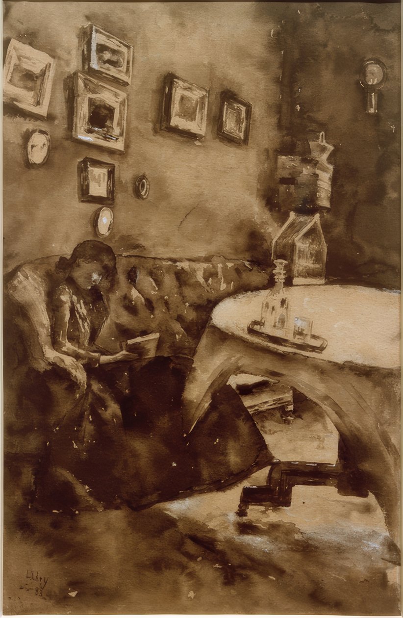 Interieur met lezende dame door Lesser Ury