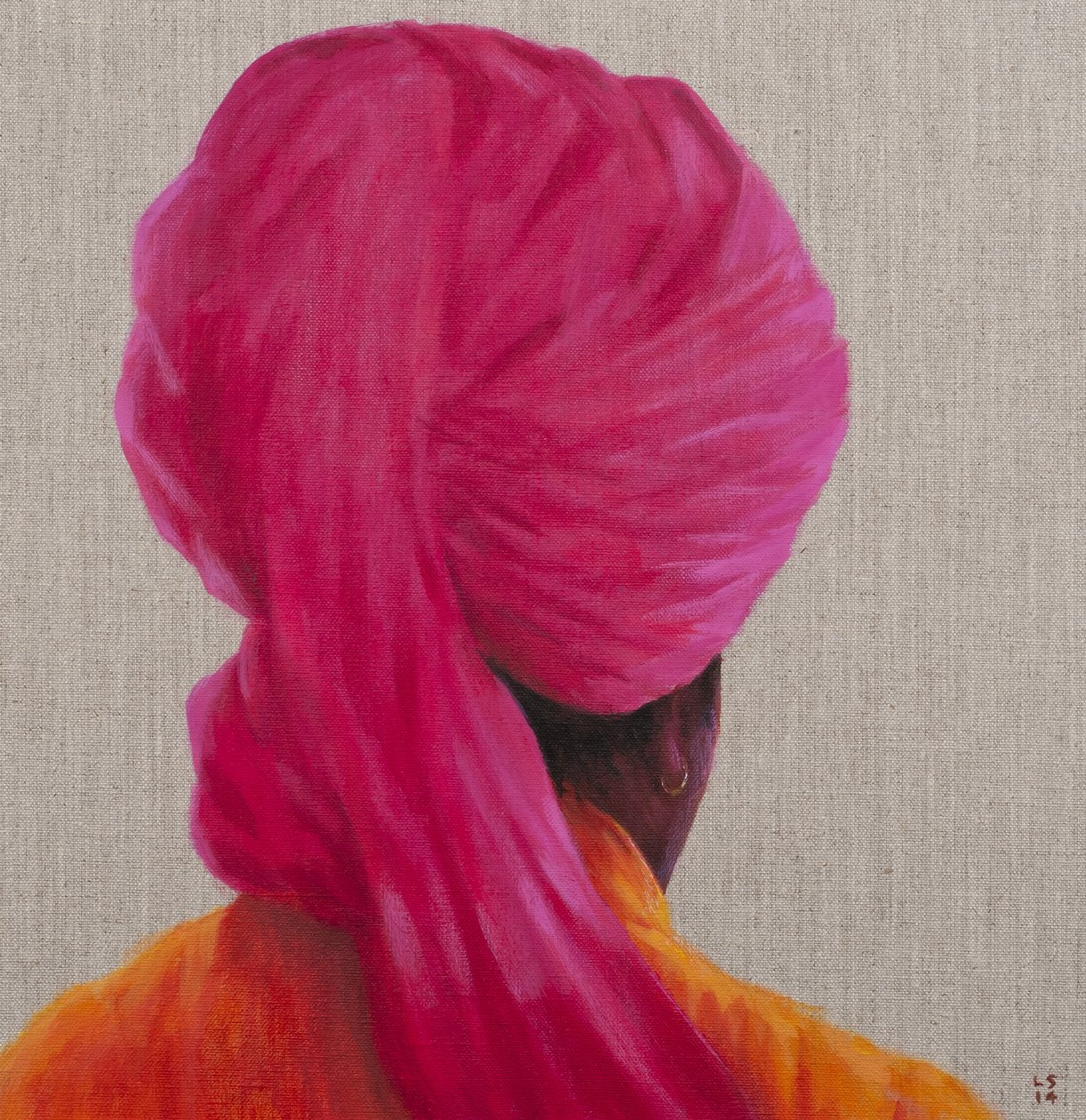 Roze tulband, oranje jas, 2014 door Lincoln Seligman