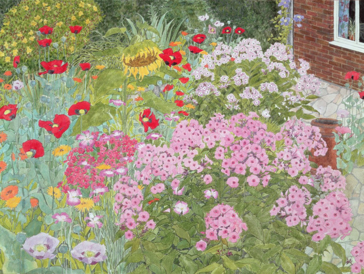 Bloemenborder met zonnebloem door Linda Benton