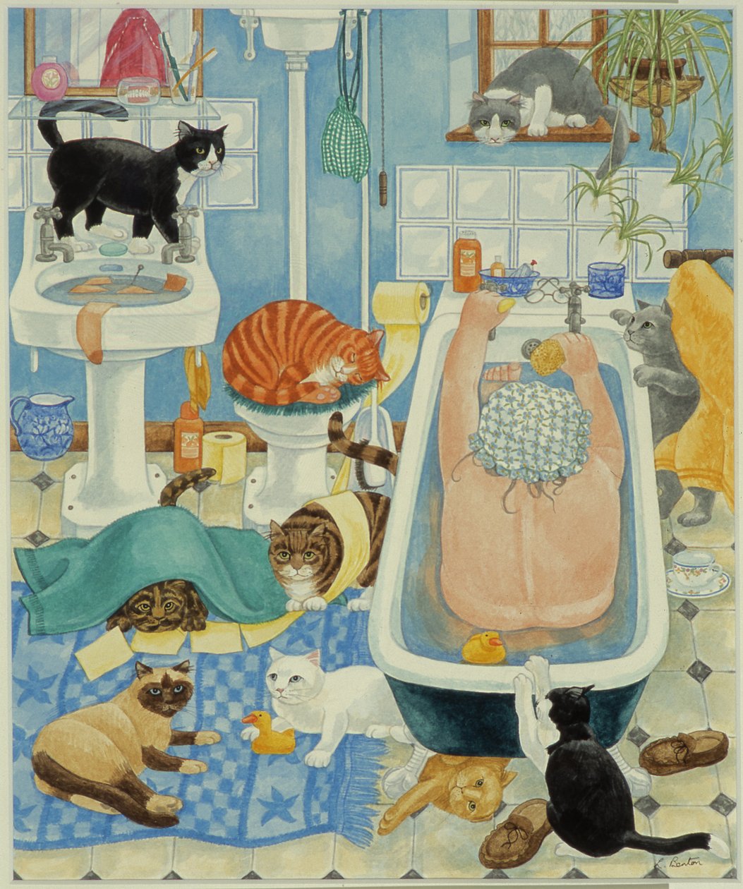 Oma en 10 katten in de badkamer door Linda Benton