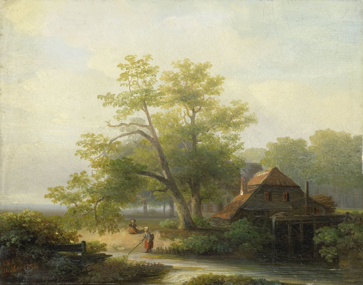 Een watermolen in een bosrijk landschap door Lodewijk Hendrik Arends