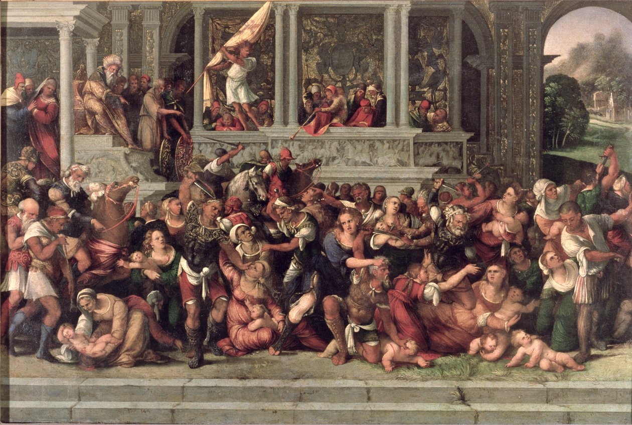 De Slachting van de Onschuldigen (paneel) door Lodovico Mazzolino
