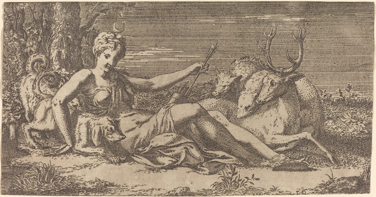 Diana Rustend door Léon Davent after Francesco Primaticcio