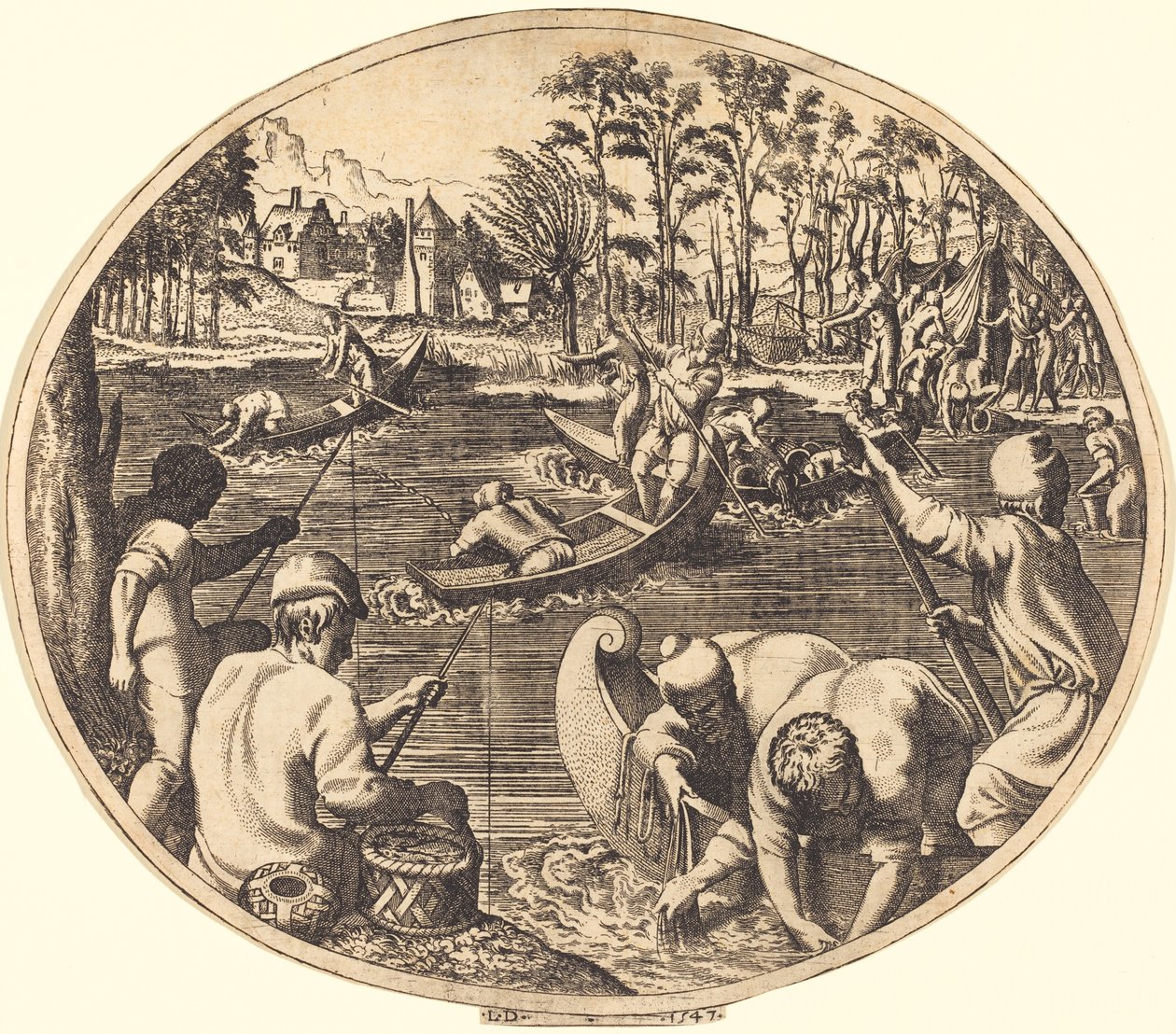 Visscène door Léon Davent after Francesco Primaticcio
