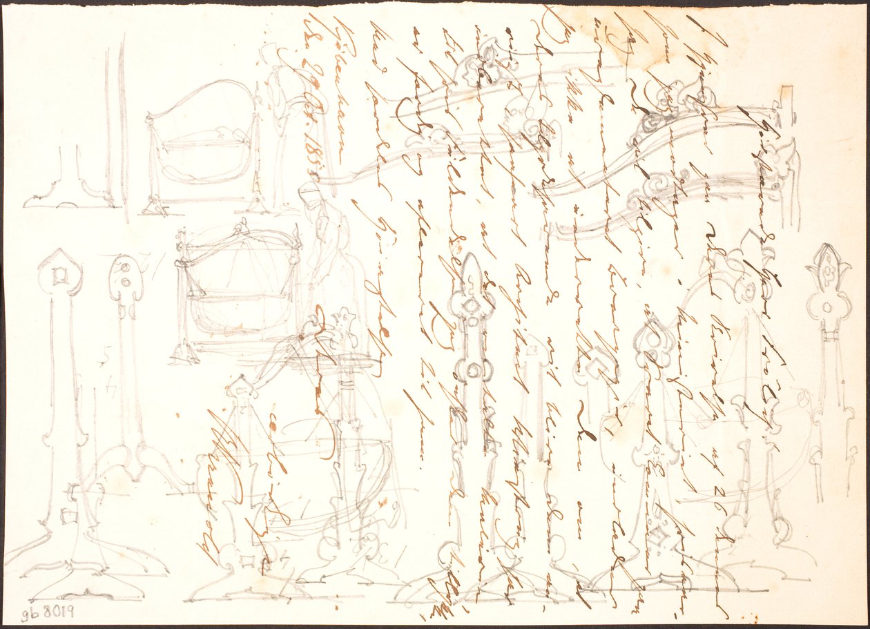 Meubelontwerpen getekend op een brief door Lorenz Frølich