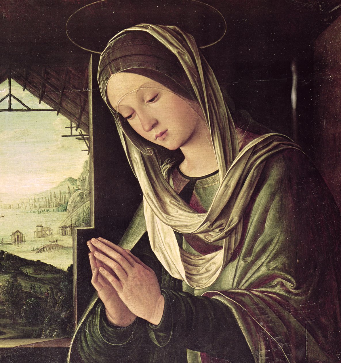 De geboorte van Christus, c.1490 (detail) door Lorenzo Costa