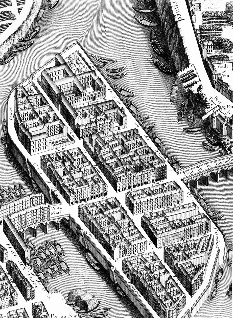 Het Ile St. Louis, detail van het Plan van Parijs, bekend als het Plan de Turgot, gegraveerd door Claude Lucas, 1734-39 gravure (detail) door Louis Bretez