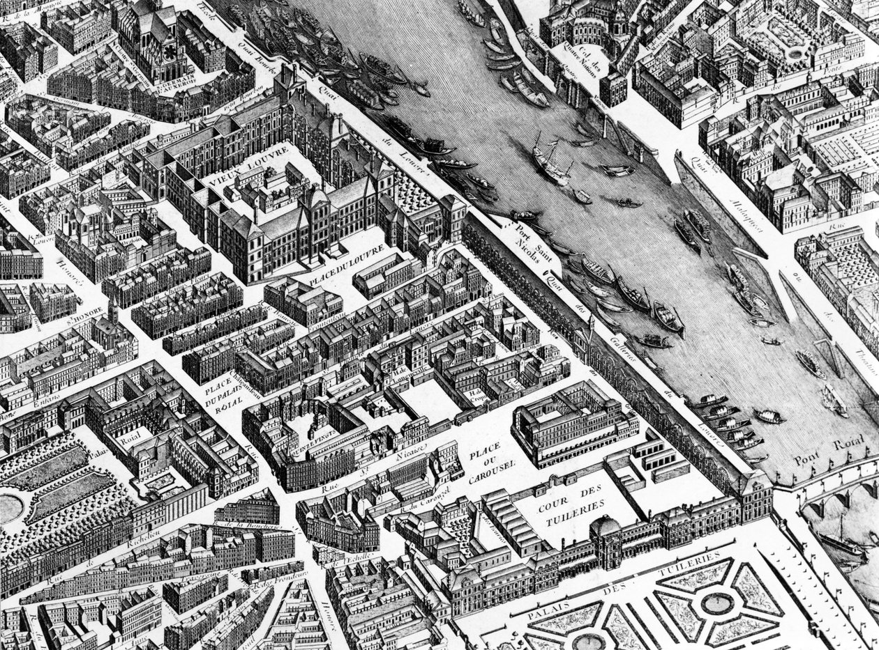 Het oude Louvre, het Palais Royal en de Tuilerieën, detail van het Plan van Parijs, bekend als het Plan de Turgot, gegraveerd door Claude Lucas, 1734-39 gravure (detail) door Louis Bretez