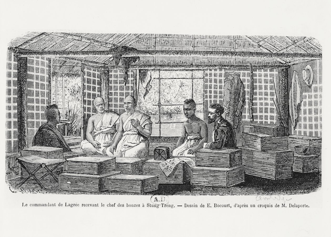 Commandant Lagree ontvangt de hoofdmonniken in Stung Treng, Cambodja, 1868 door Louis Delaporte
