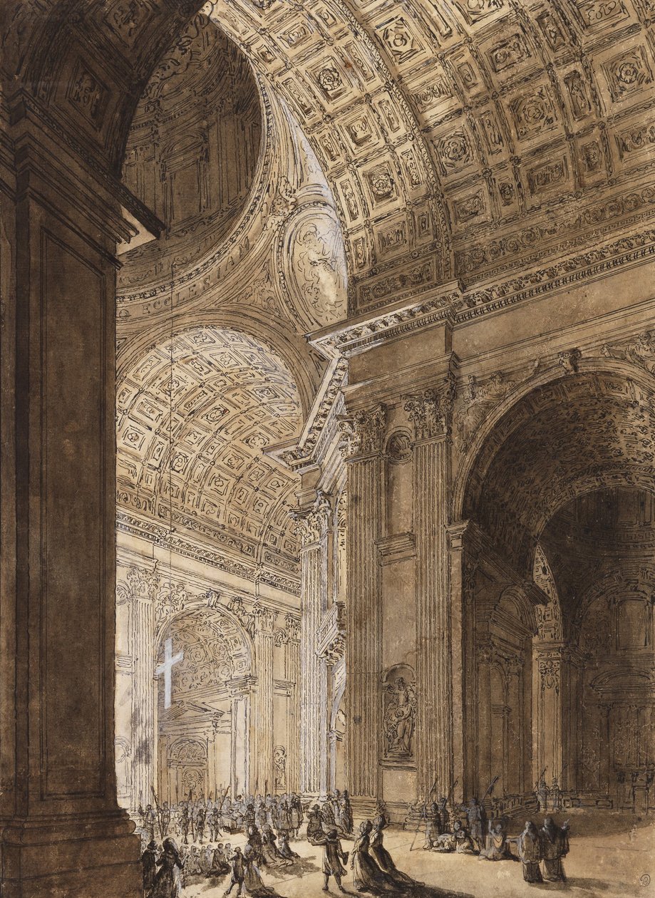 Interieur van de verlichte Sint-Pieter door Louis Jean Desprez