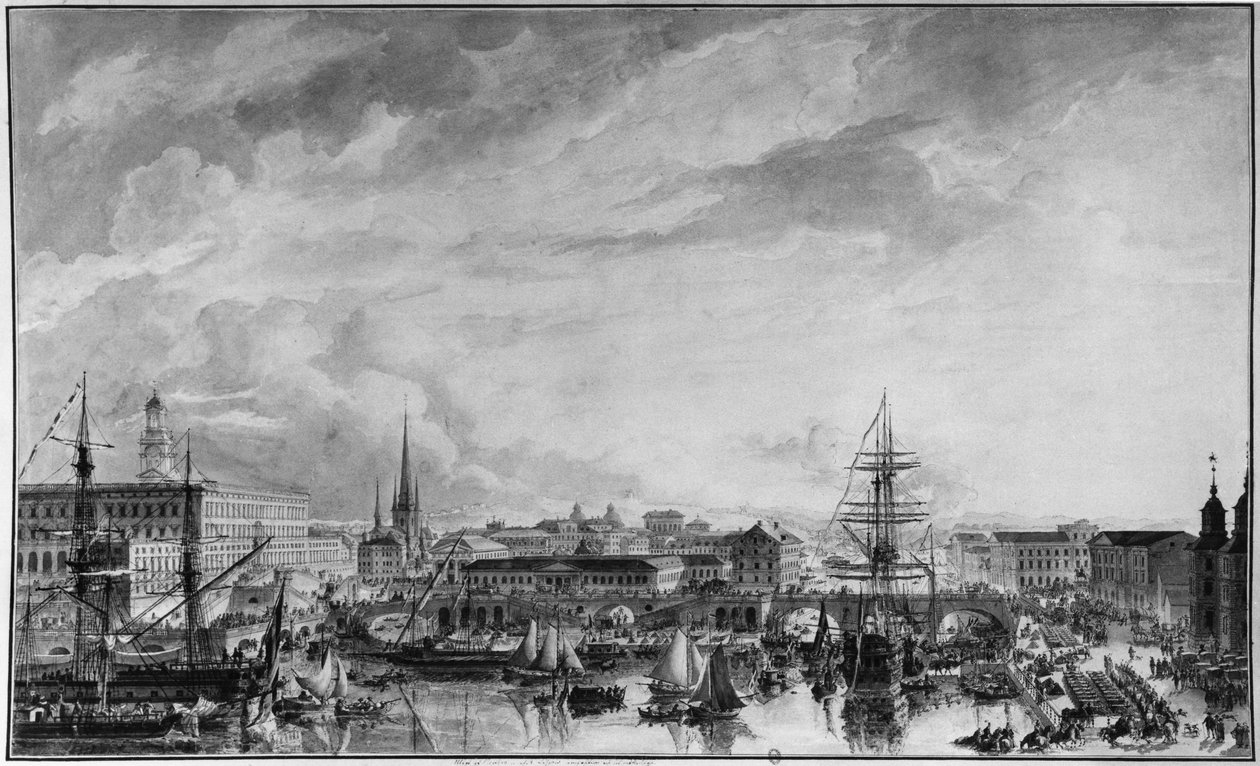 Uitzicht op Stockholm, eind 18e eeuw door Louis Jean Desprez