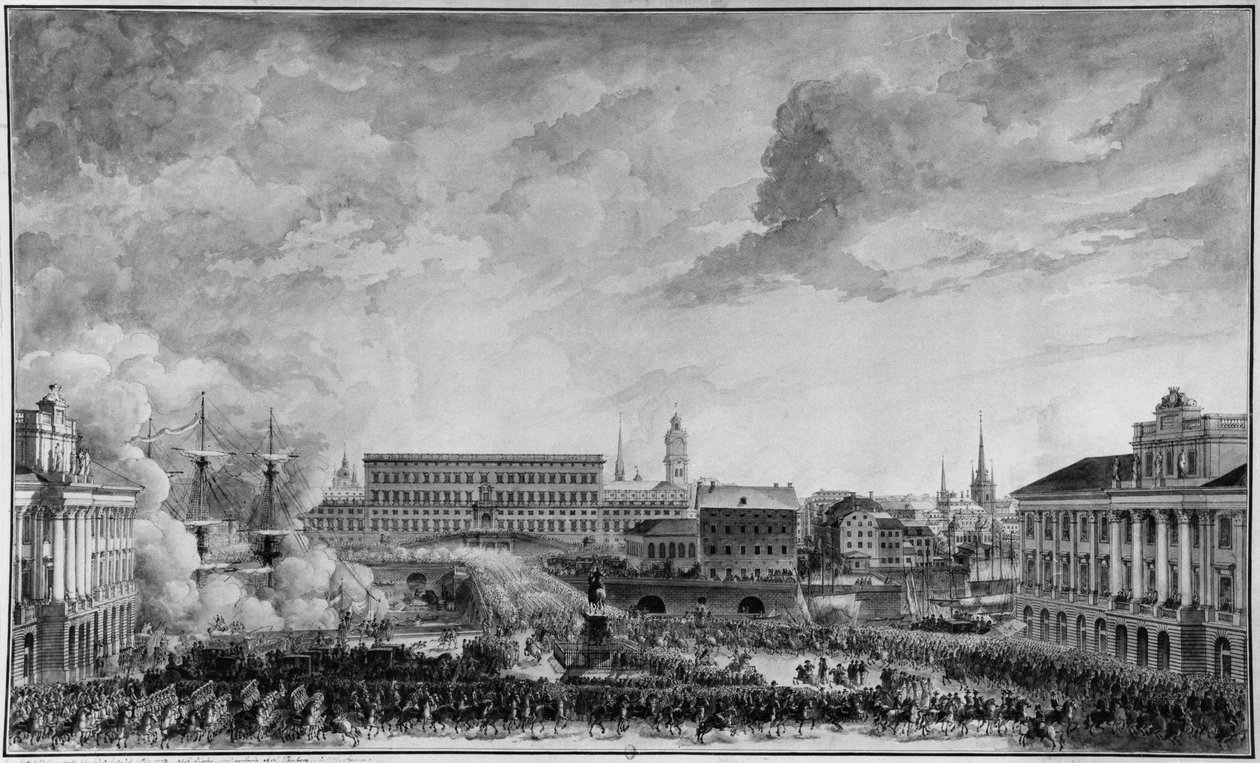 Uitzicht op Stockholm, eind 18e eeuw door Louis Jean Desprez