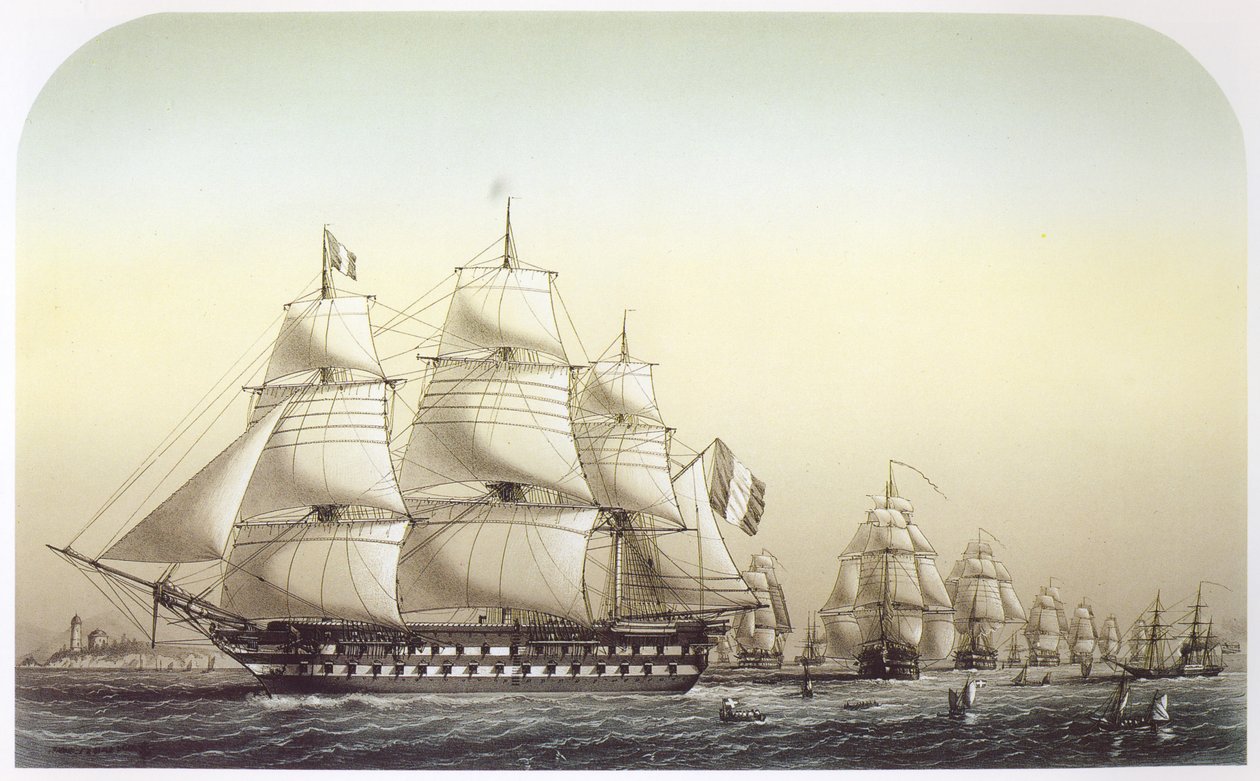 Het Franse eskader zeilt van de Grote Belt. Het vlaggenschip Inflexible is op de voorgrond te zien, leidend het eskader door Louis Le Breton