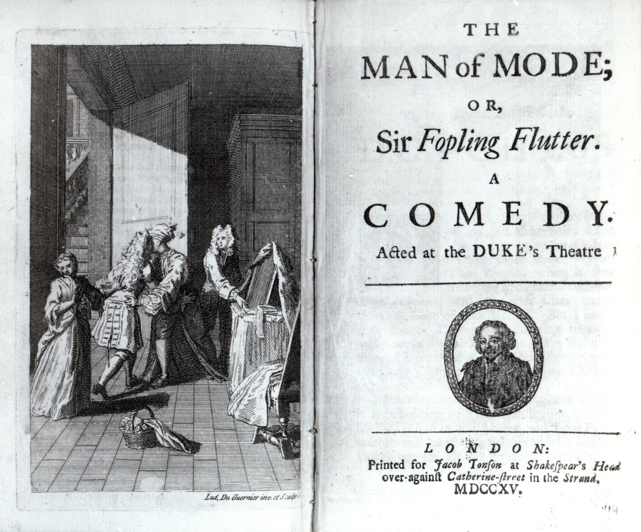 Frontispice en Titelpagina voor The Man of Mode, of Sir Fopling Flutter door George Etherege, gepubliceerd 1715 door Louis du Guernier
