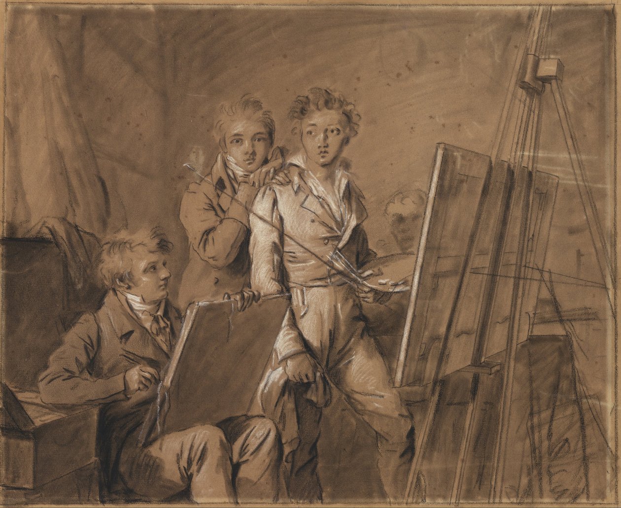 Drie jonge kunstenaars in een atelier door Louis Leopold Boilly