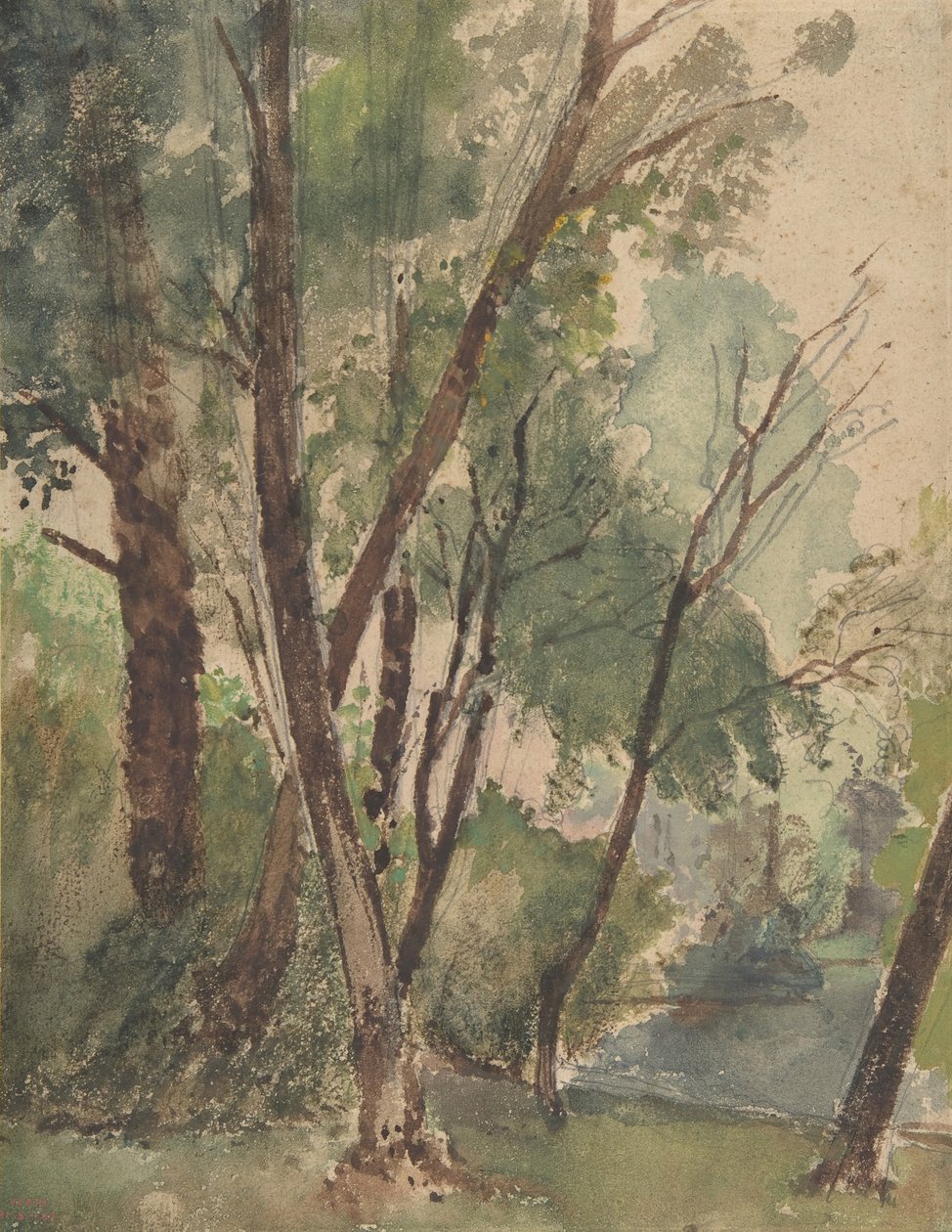 Bomen naast een vijver door Louis Antoine Leon Riesener