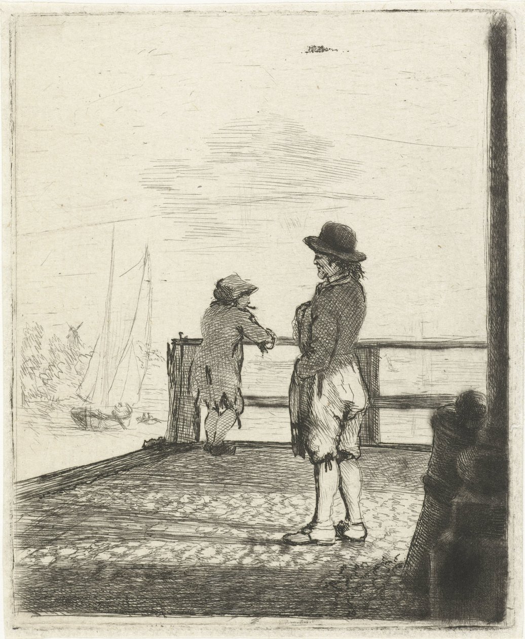 Twee matrozen wachten in de haven door Louis Bernard Coclers
