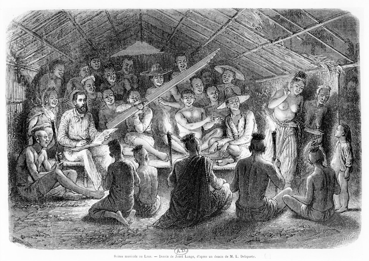 Muzikale soiree in Laos, 1867 door Louis Delaporte