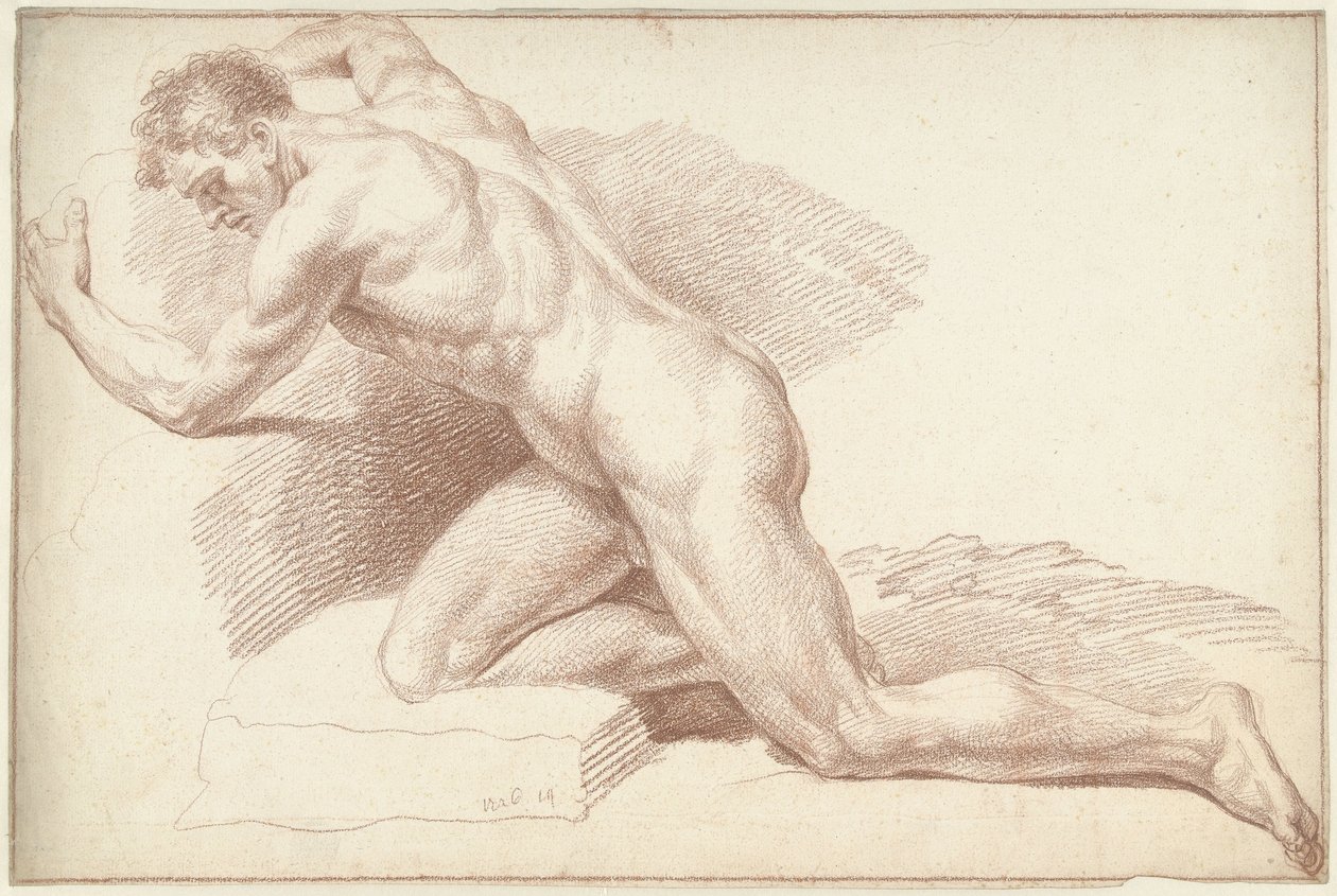 Mannelijk naakt, knielend, naar links door Louis Fabritius Dubourg